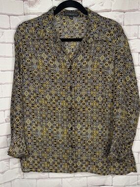 Elementz Geometric Print Button Down Blouse Size L Brown Yellow Retro Boho